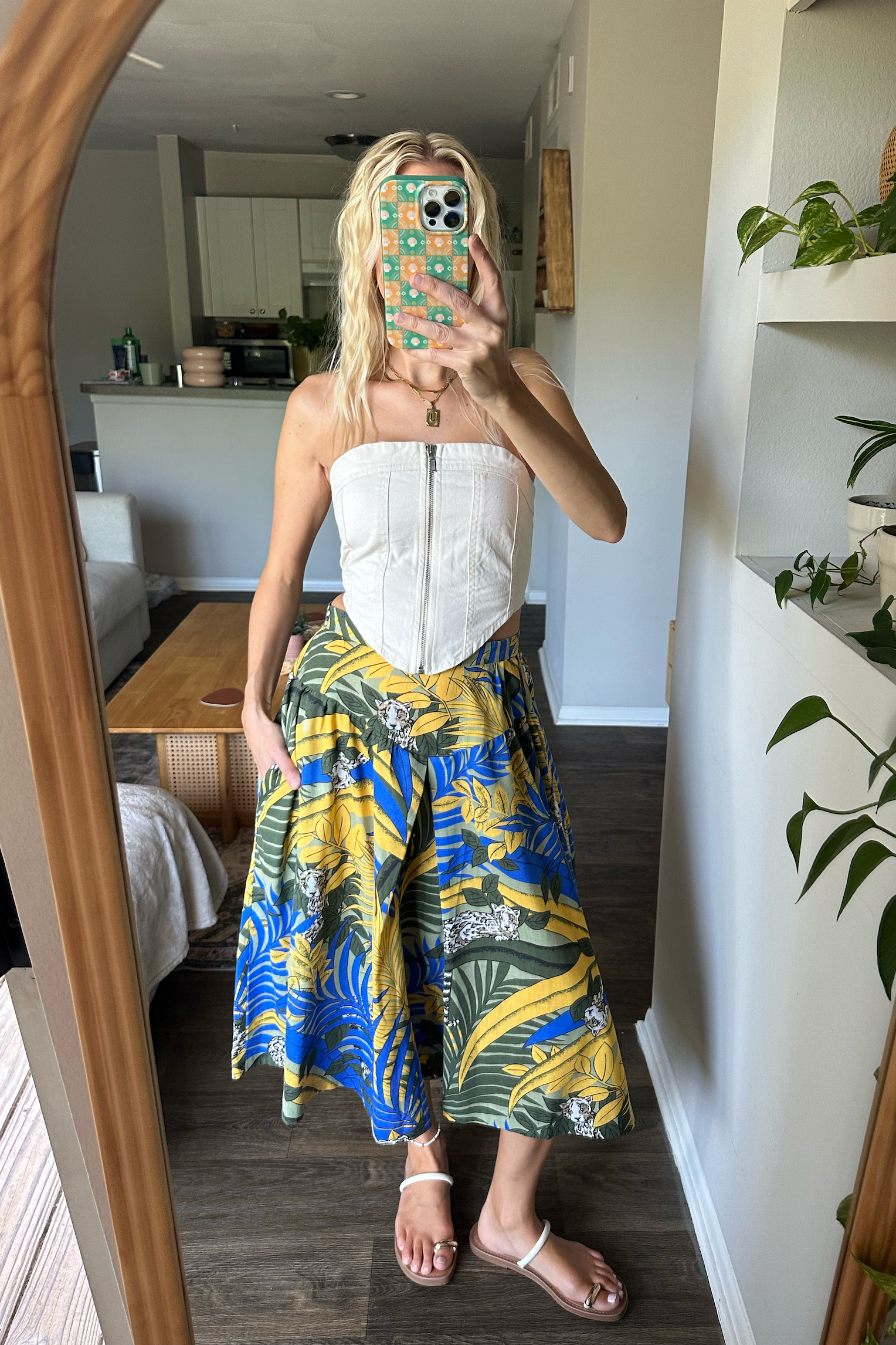Vintage Hawaiian Tropical Leopard Print Midi Skirt