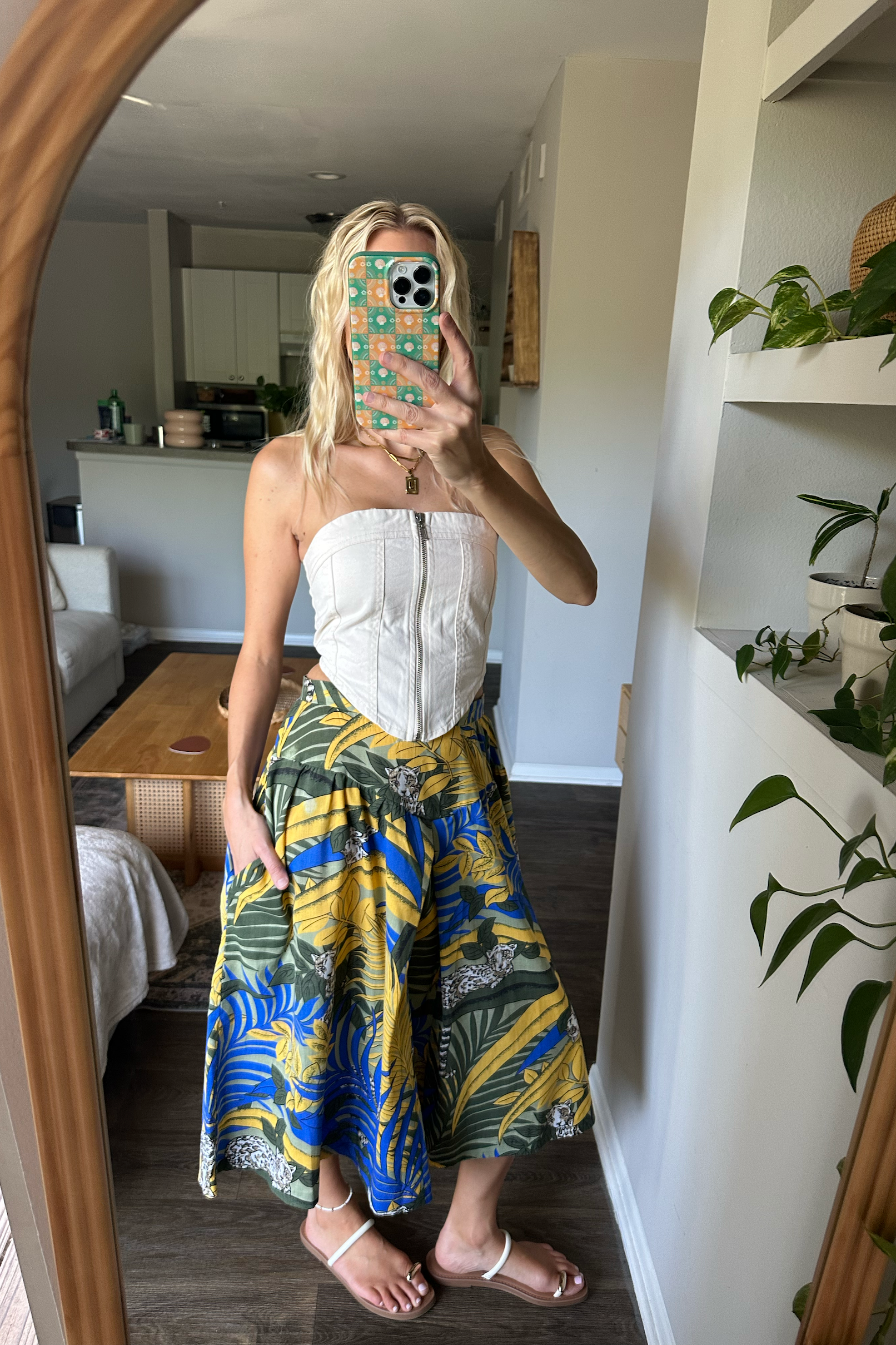 Vintage Hawaiian Tropical Leopard Print Midi Skirt