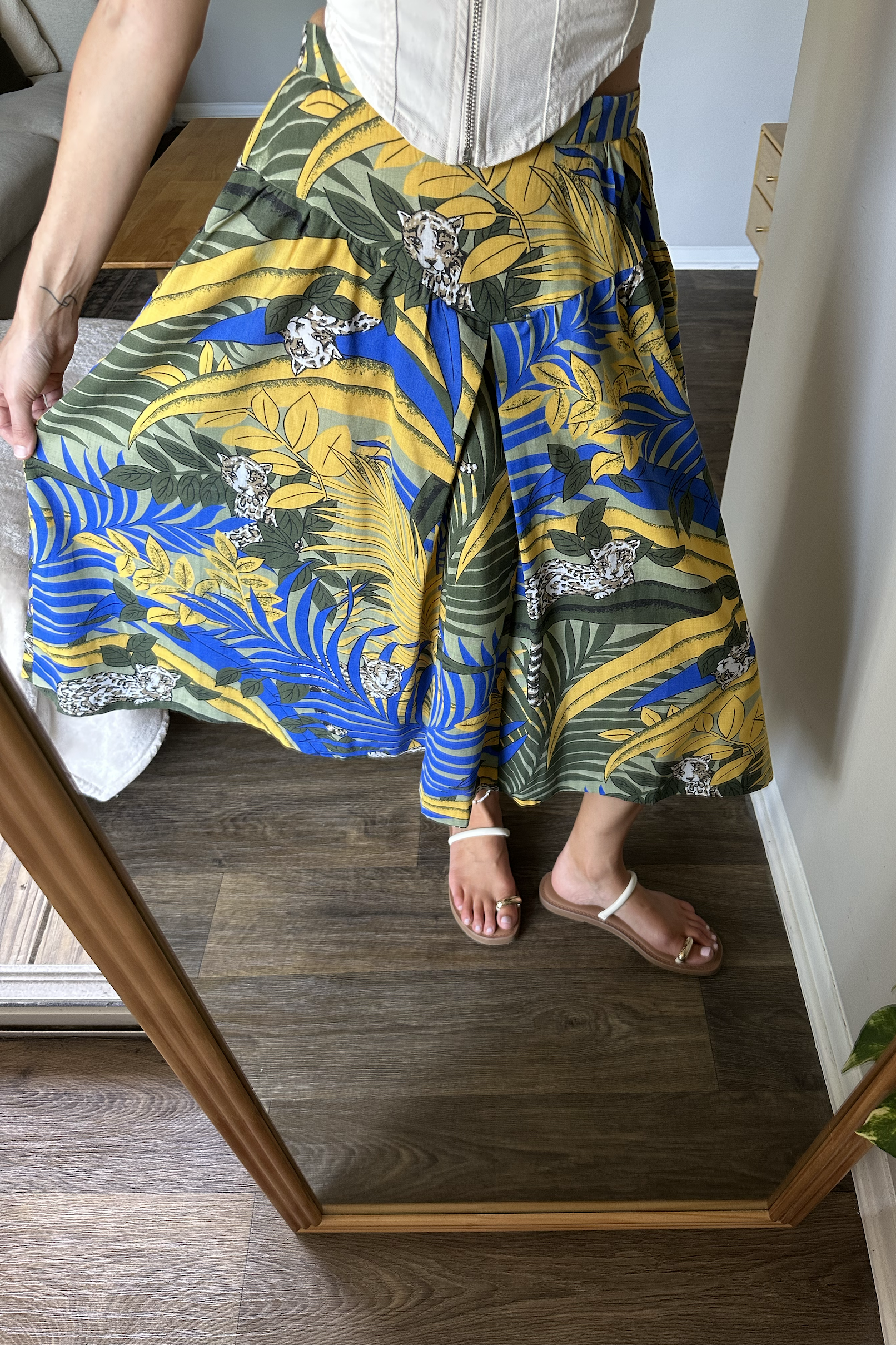Vintage Hawaiian Tropical Leopard Print Midi Skirt