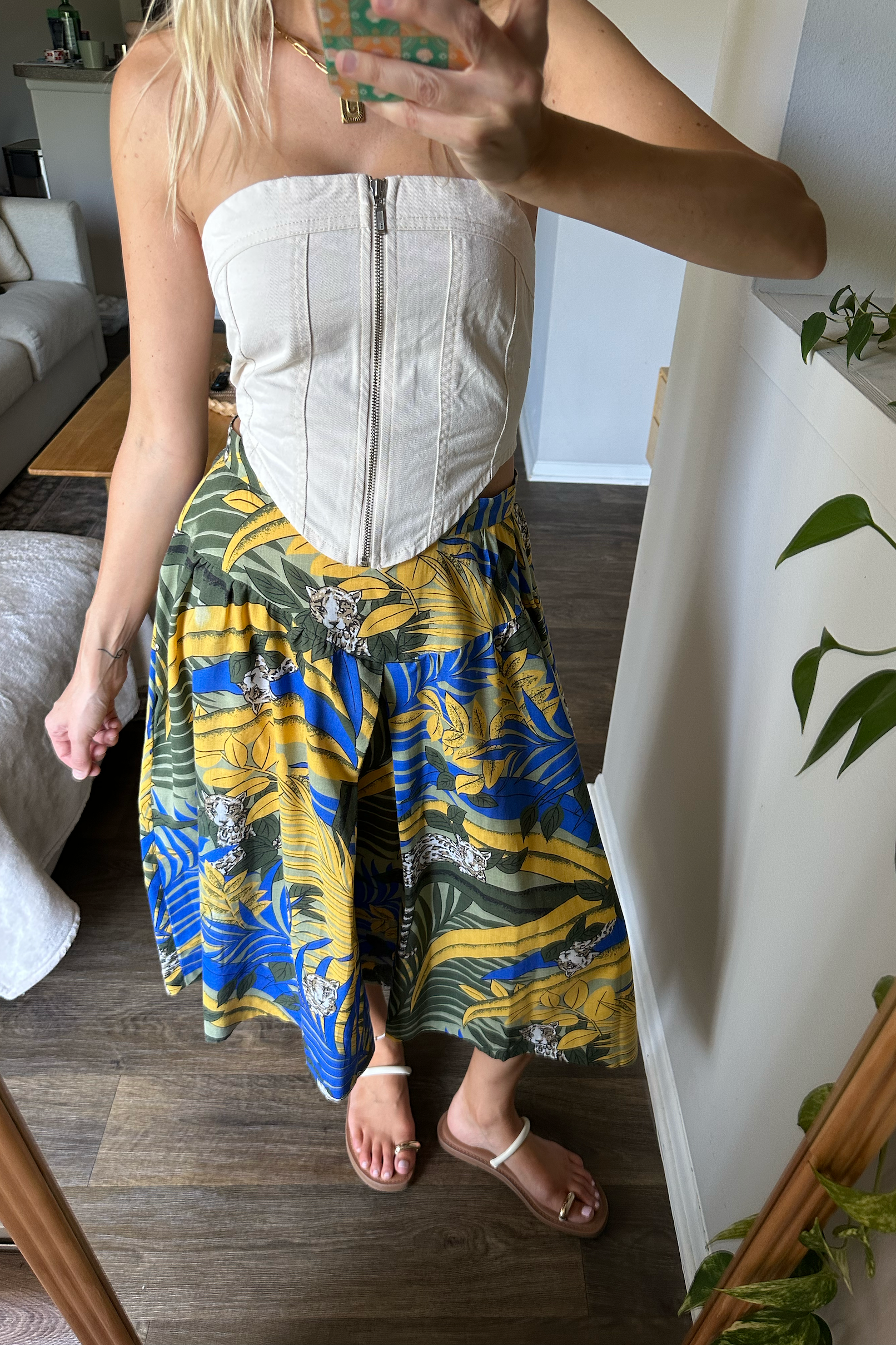 Vintage Hawaiian Tropical Leopard Print Midi Skirt
