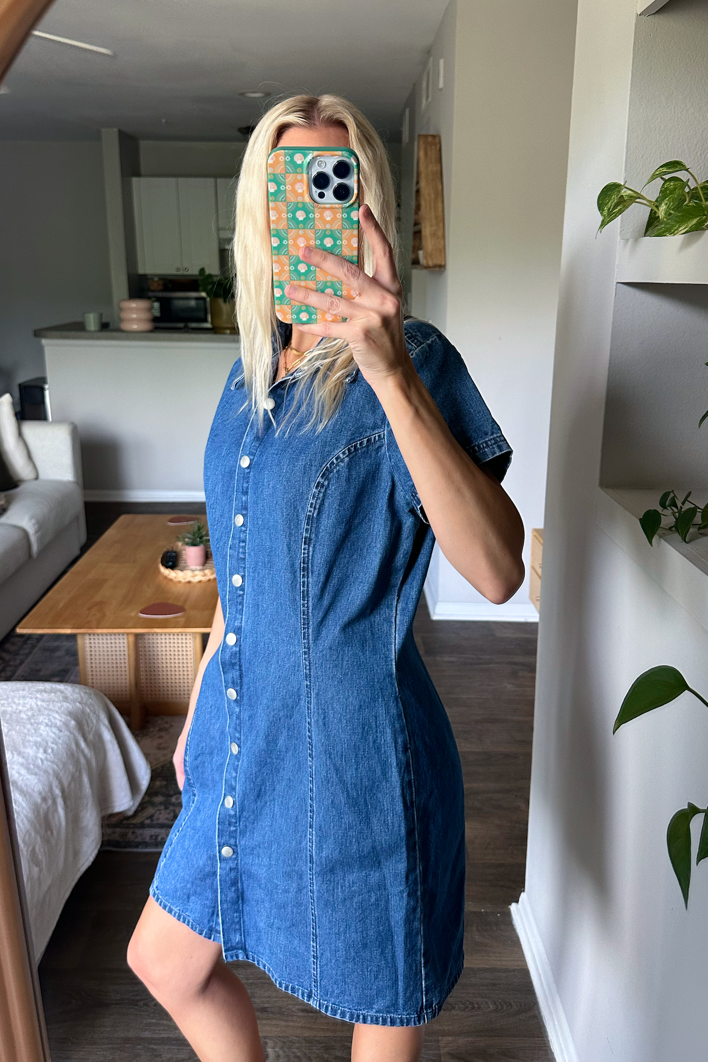 Vintage (L) 90s Short Sleeve Denim Mini Dress