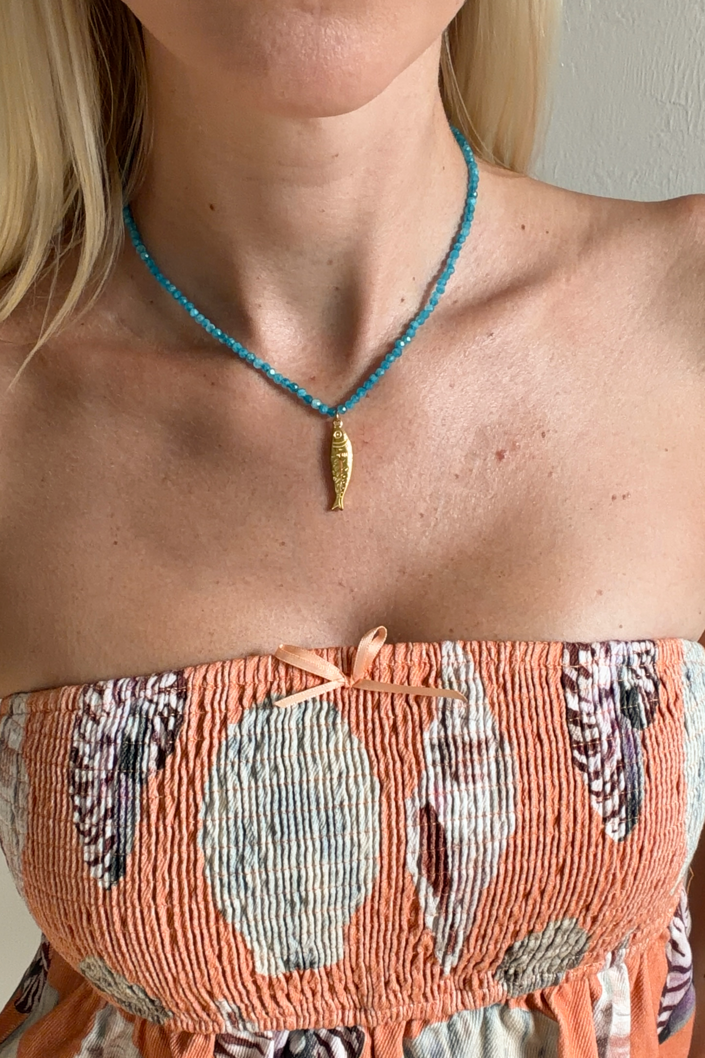 18k Gold Non Tarnish Fish Beaded Necklace