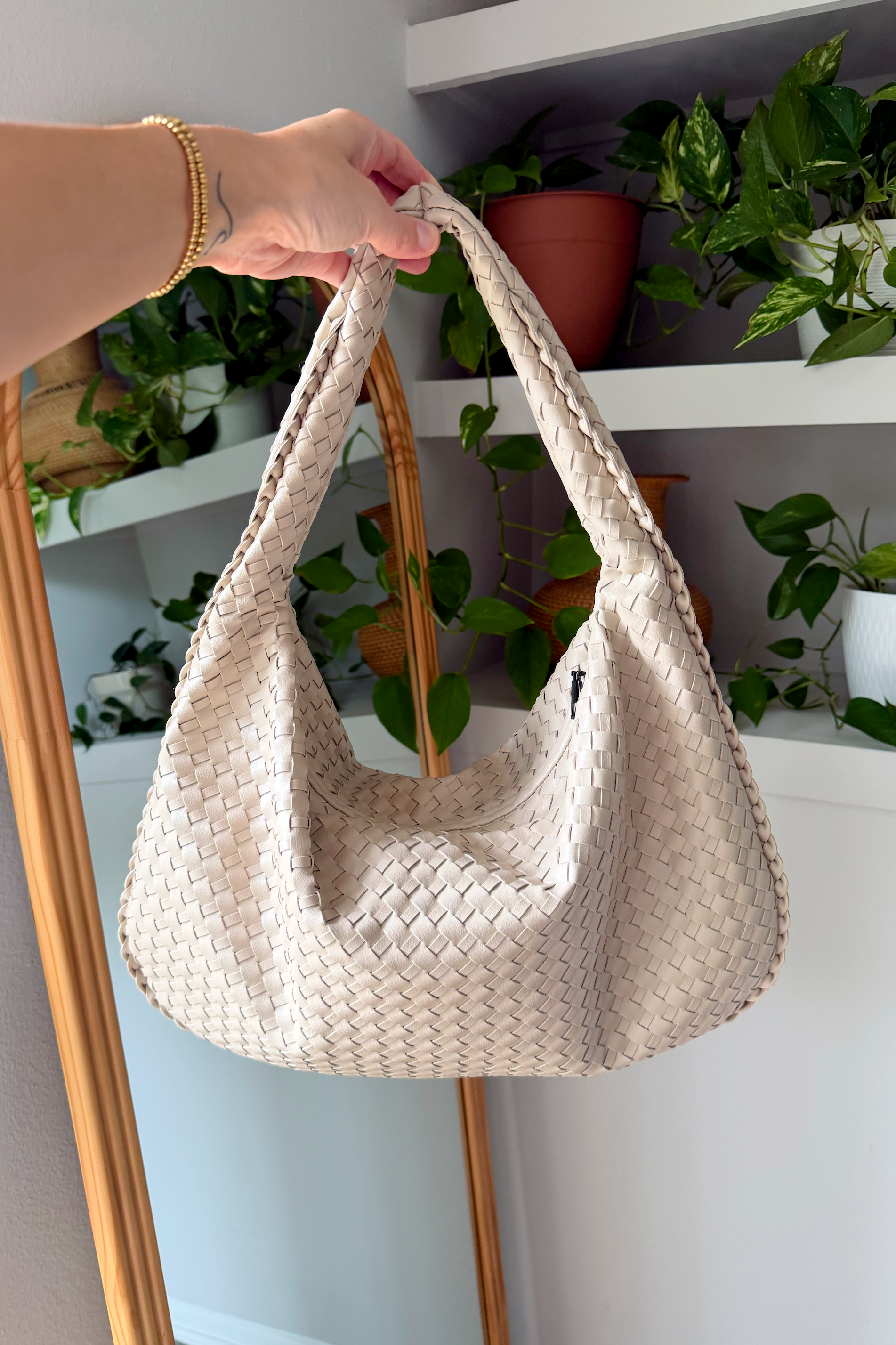 Beige Braided Hobo Shoulder Bag