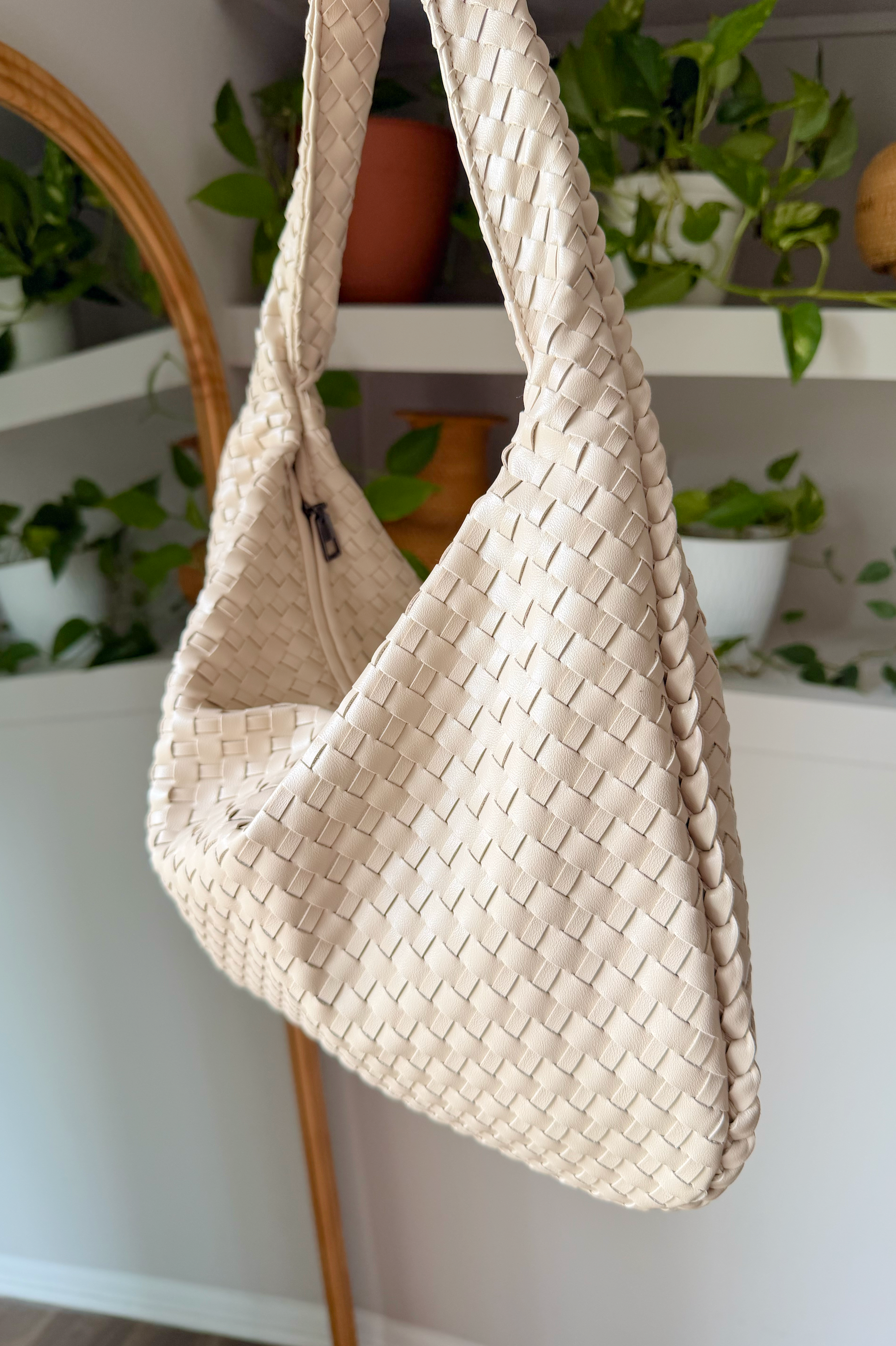 Beige Braided Hobo Shoulder Bag