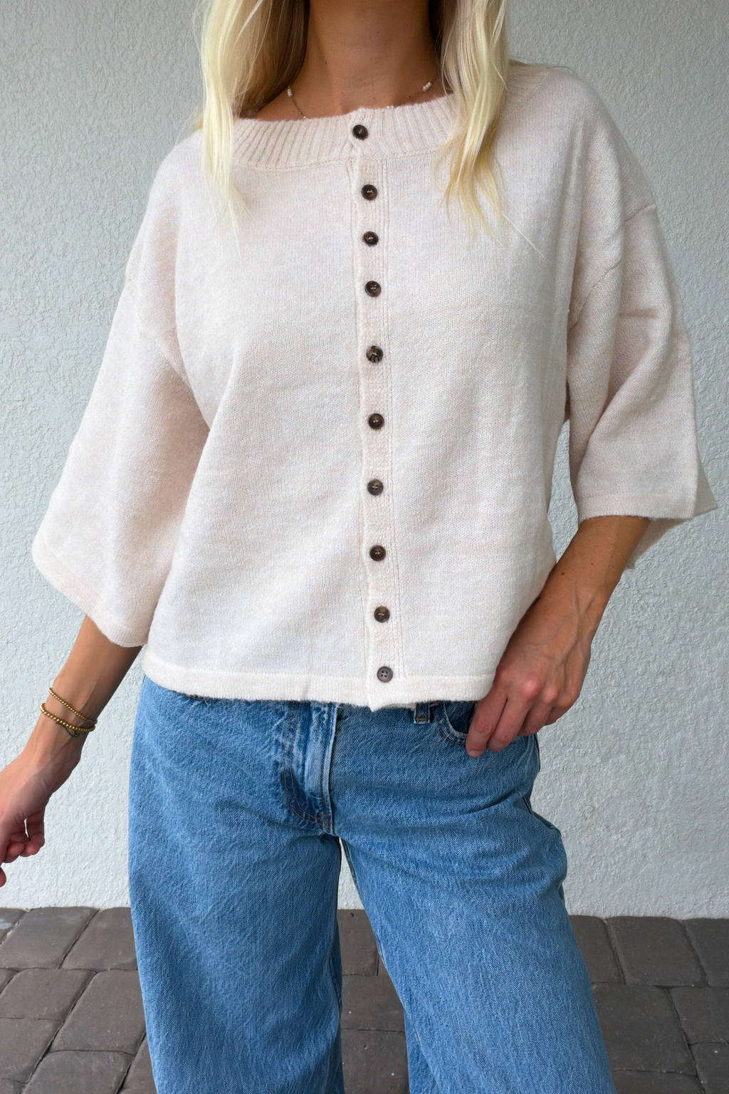 Beige Button Front Knit Cardigan