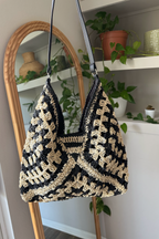 Black Patterned Straw Tote Bag