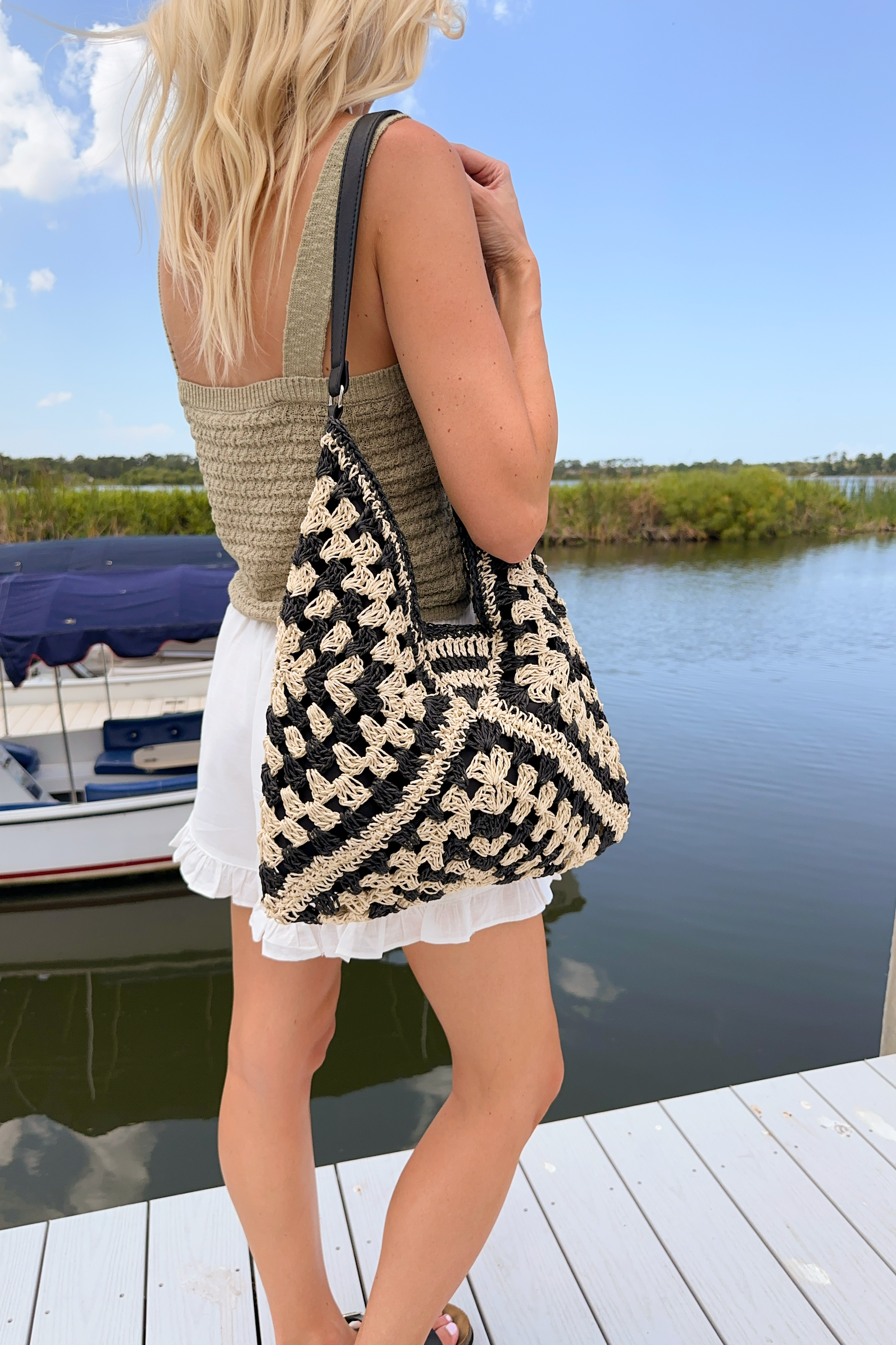 Black Patterned Straw Tote Bag