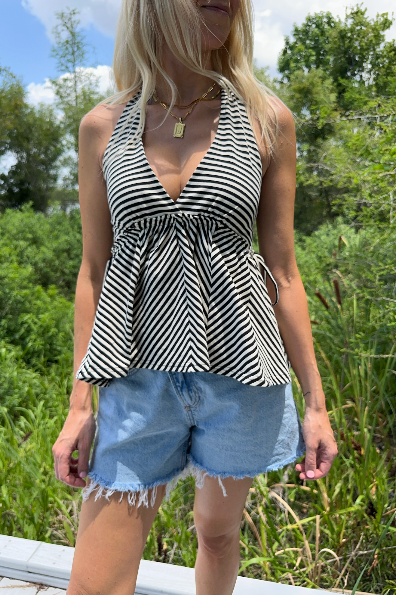 Black Stripe Jersey Knit Halter Neck Top