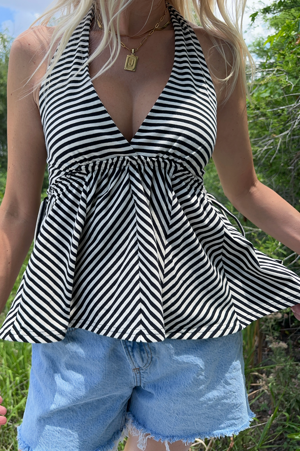 Black Stripe Jersey Knit Halter Neck Top