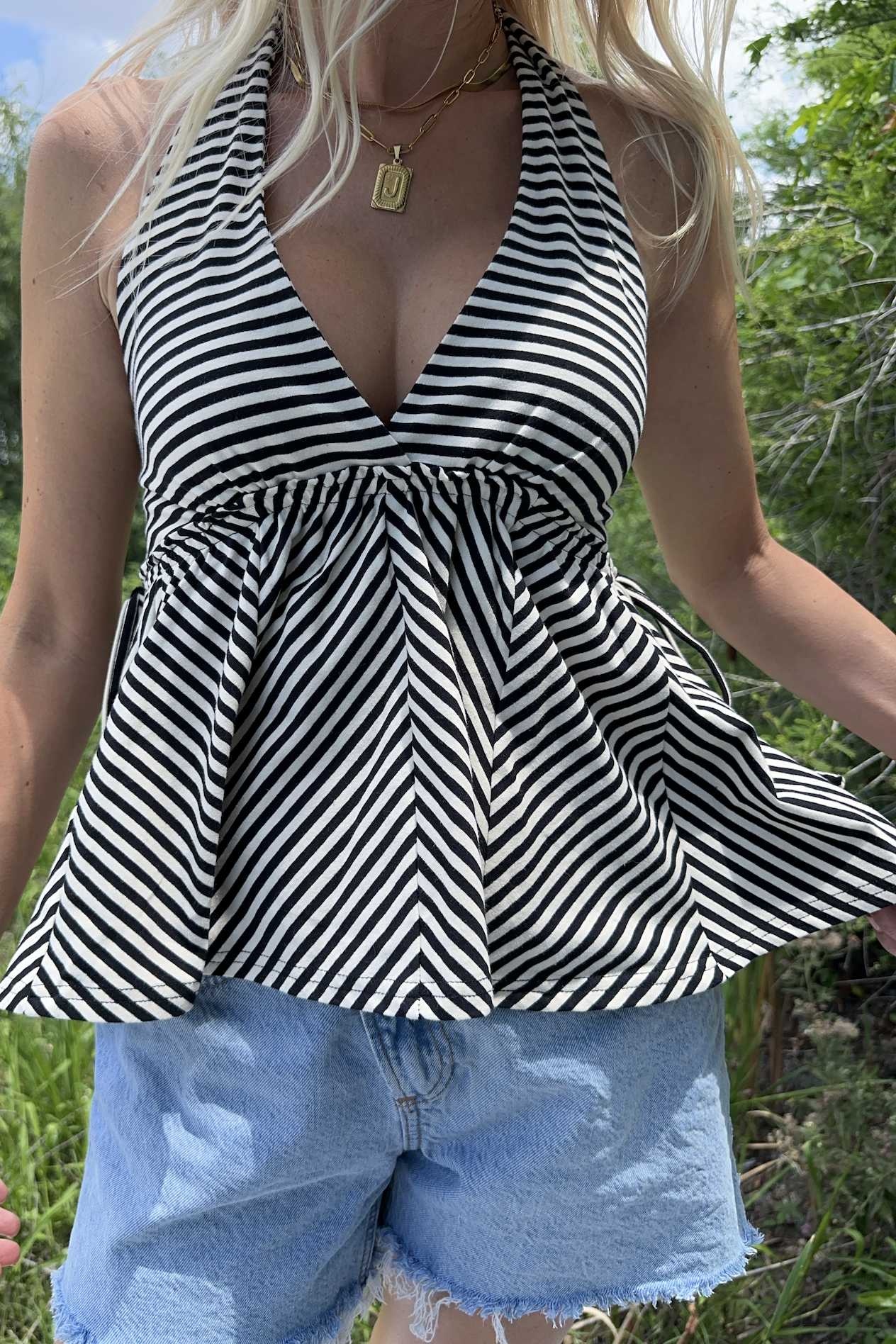 Black Stripe Jersey Knit Halter Neck Top