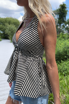 Black Stripe Jersey Knit Halter Neck Top