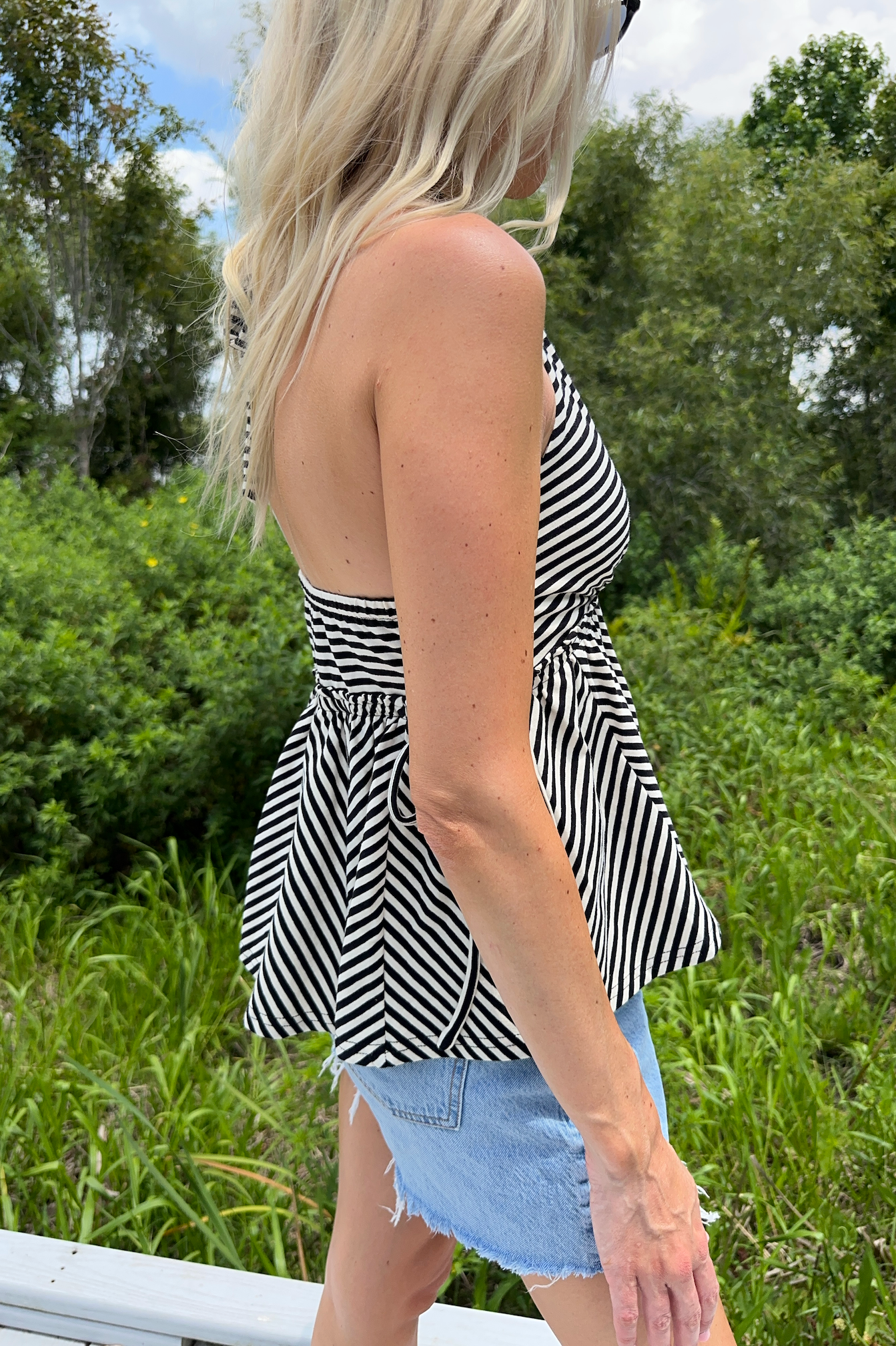 Black Stripe Jersey Knit Halter Neck Top