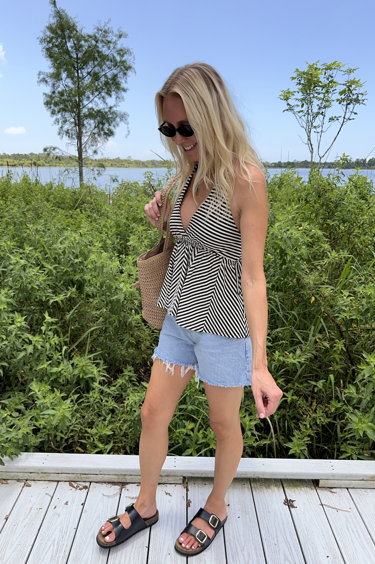 Black Stripe Jersey Knit Halter Neck Top