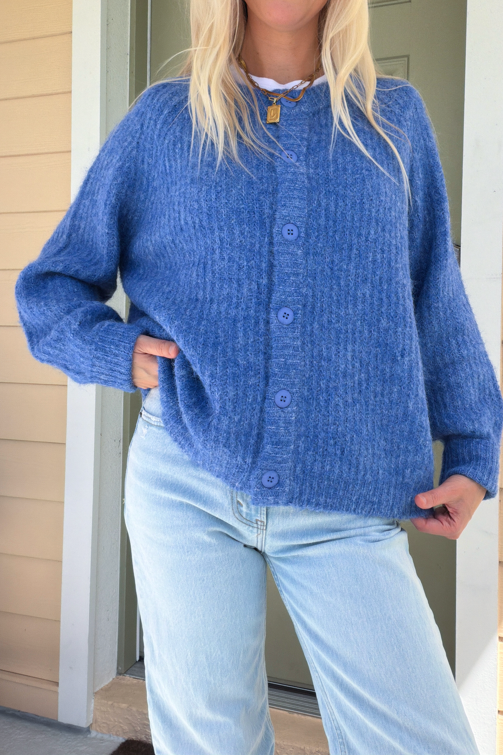 Blue Button Up Cardigan Sweater