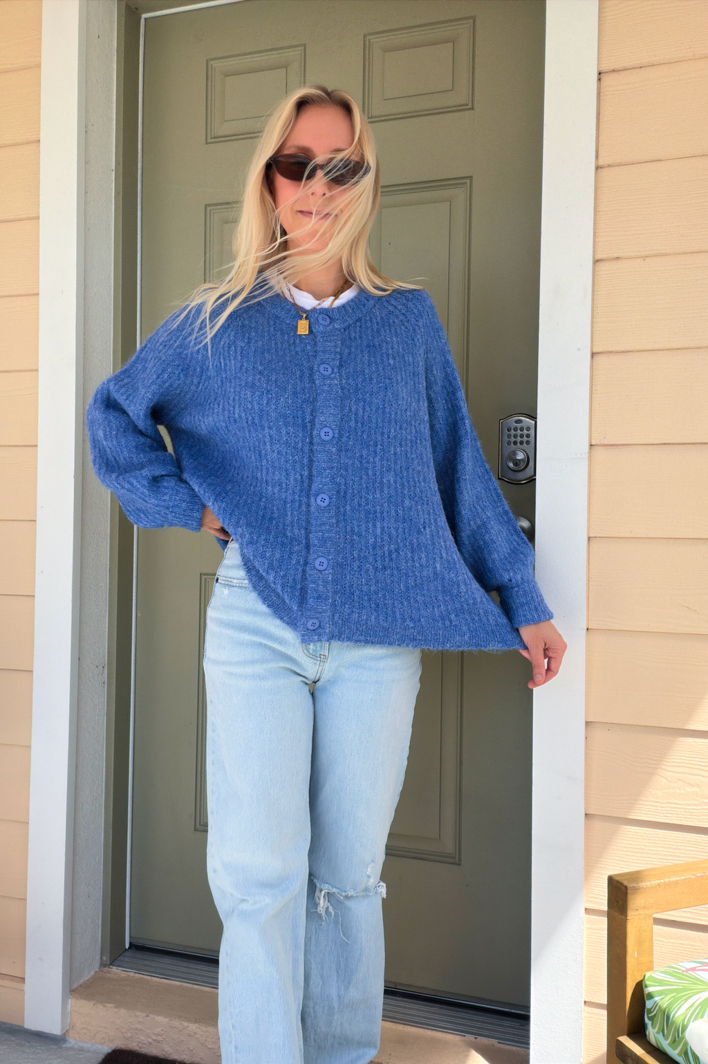 Blue Button Up Cardigan Sweater