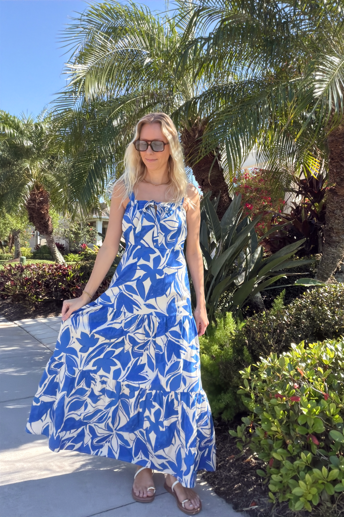 Blue Floral Tiered Cotton Maxi Dress