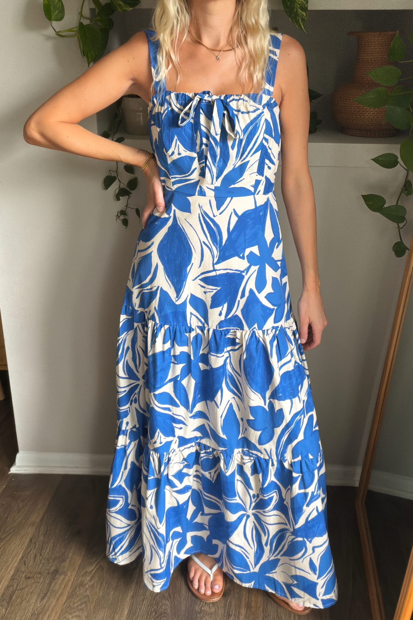 Blue Floral Tiered Cotton Maxi Dress