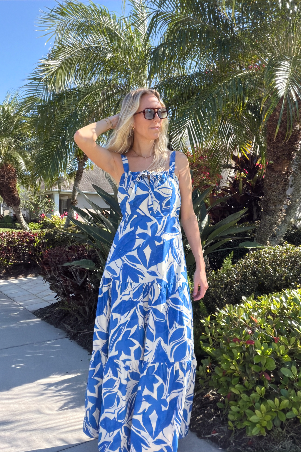 Blue Floral Tiered Cotton Maxi Dress