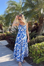 Blue Floral Tiered Cotton Maxi Dress