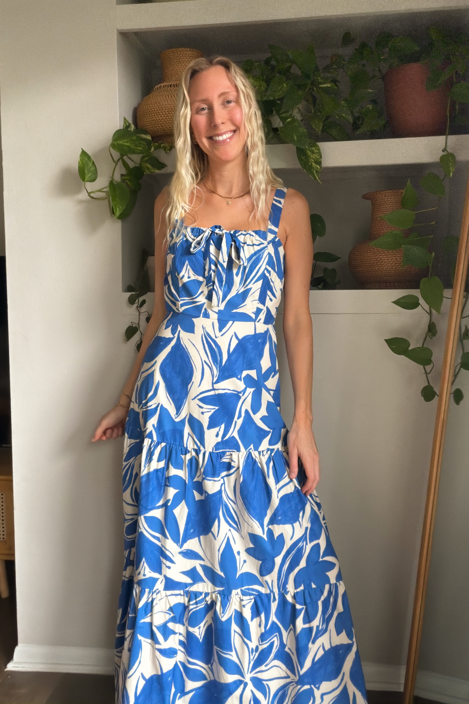 Blue Floral Tiered Cotton Maxi Dress