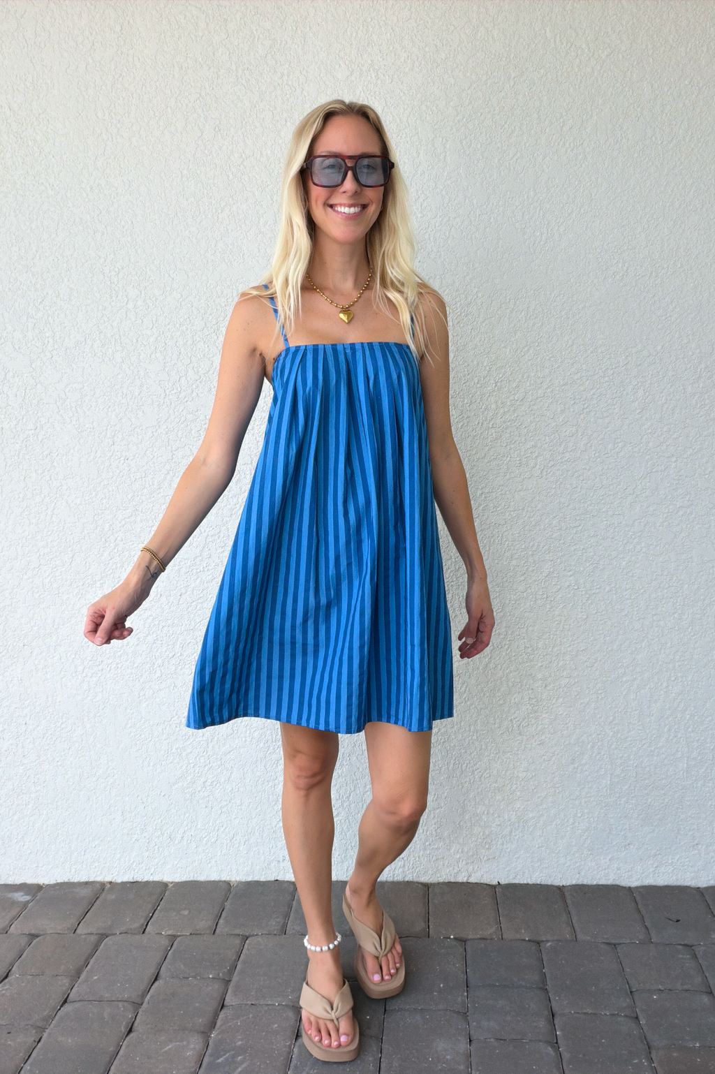 Blue Stripe Cotton Mini Dress