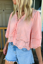 Blush Floral Embroidery Tie Front Top