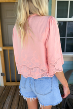 Blush Floral Embroidery Tie Front Top
