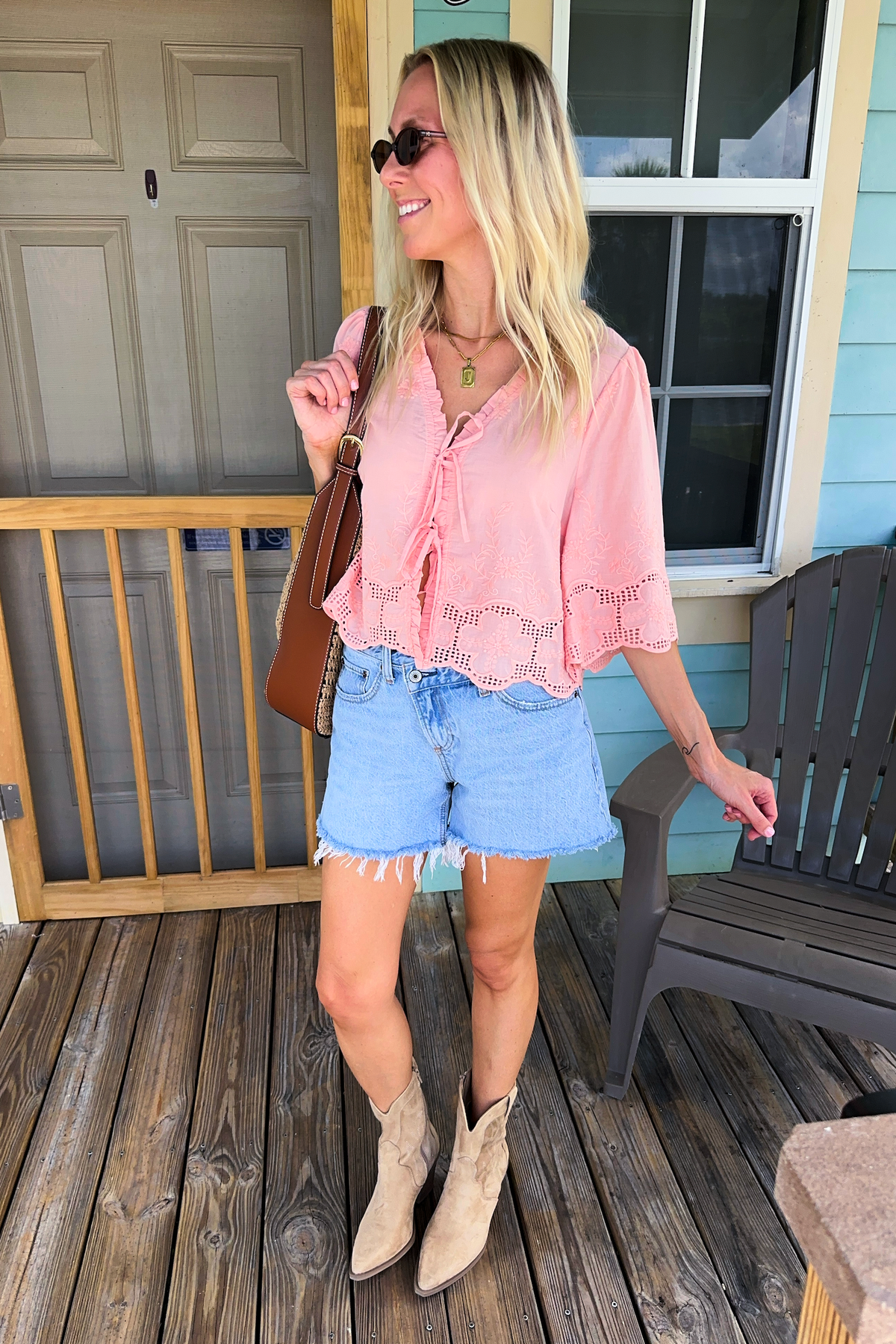 Blush Floral Embroidery Tie Front Top