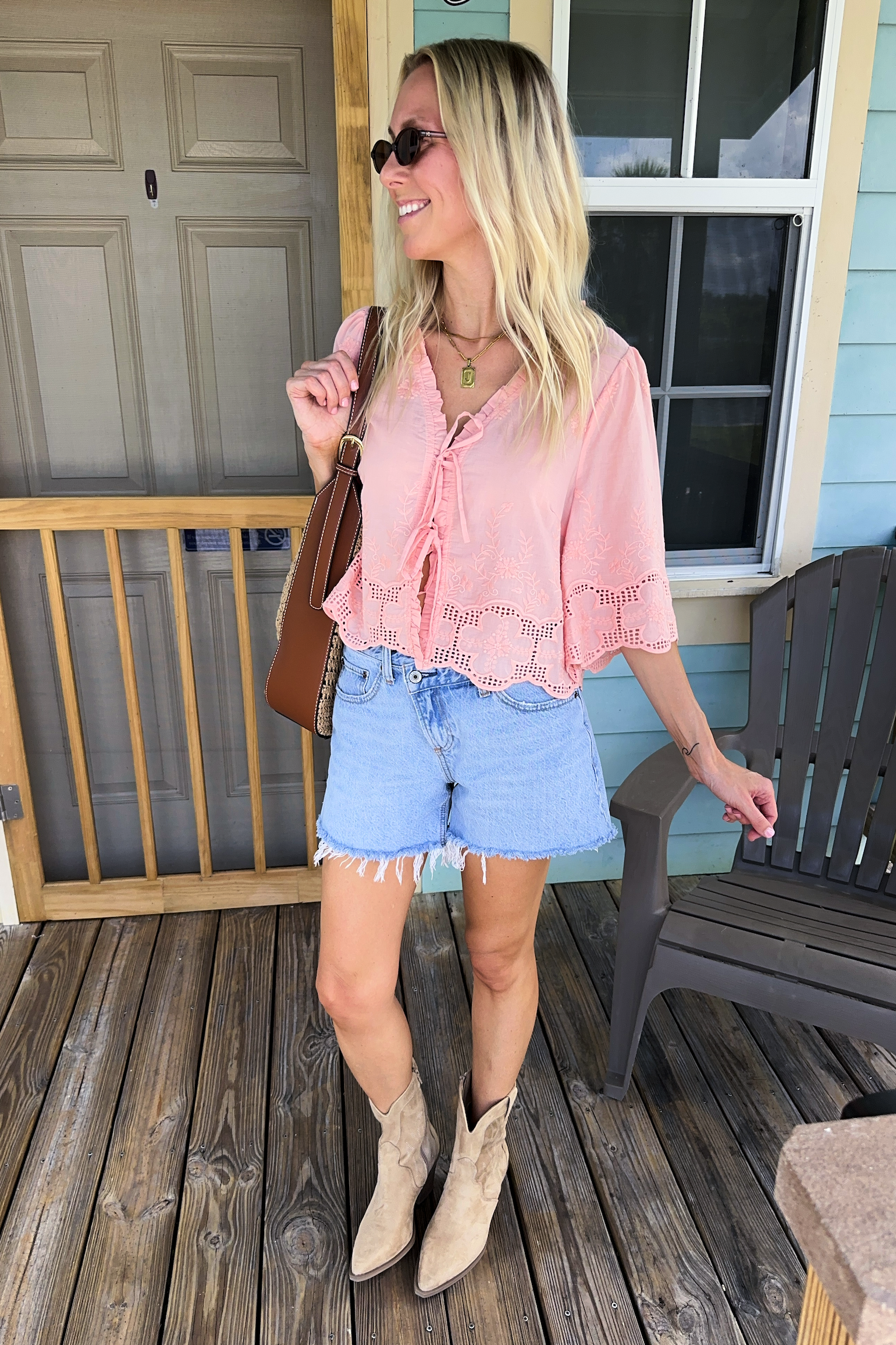 Blush Floral Embroidery Tie Front Top