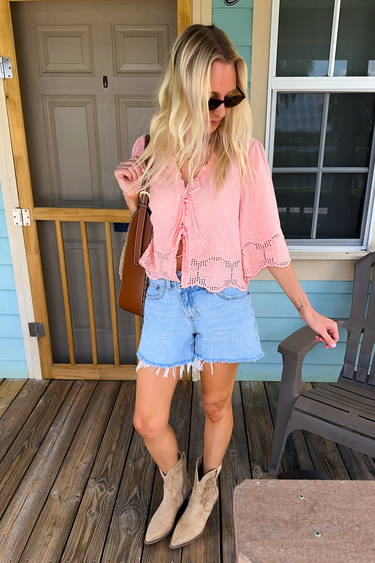 Blush Floral Embroidery Tie Front Top