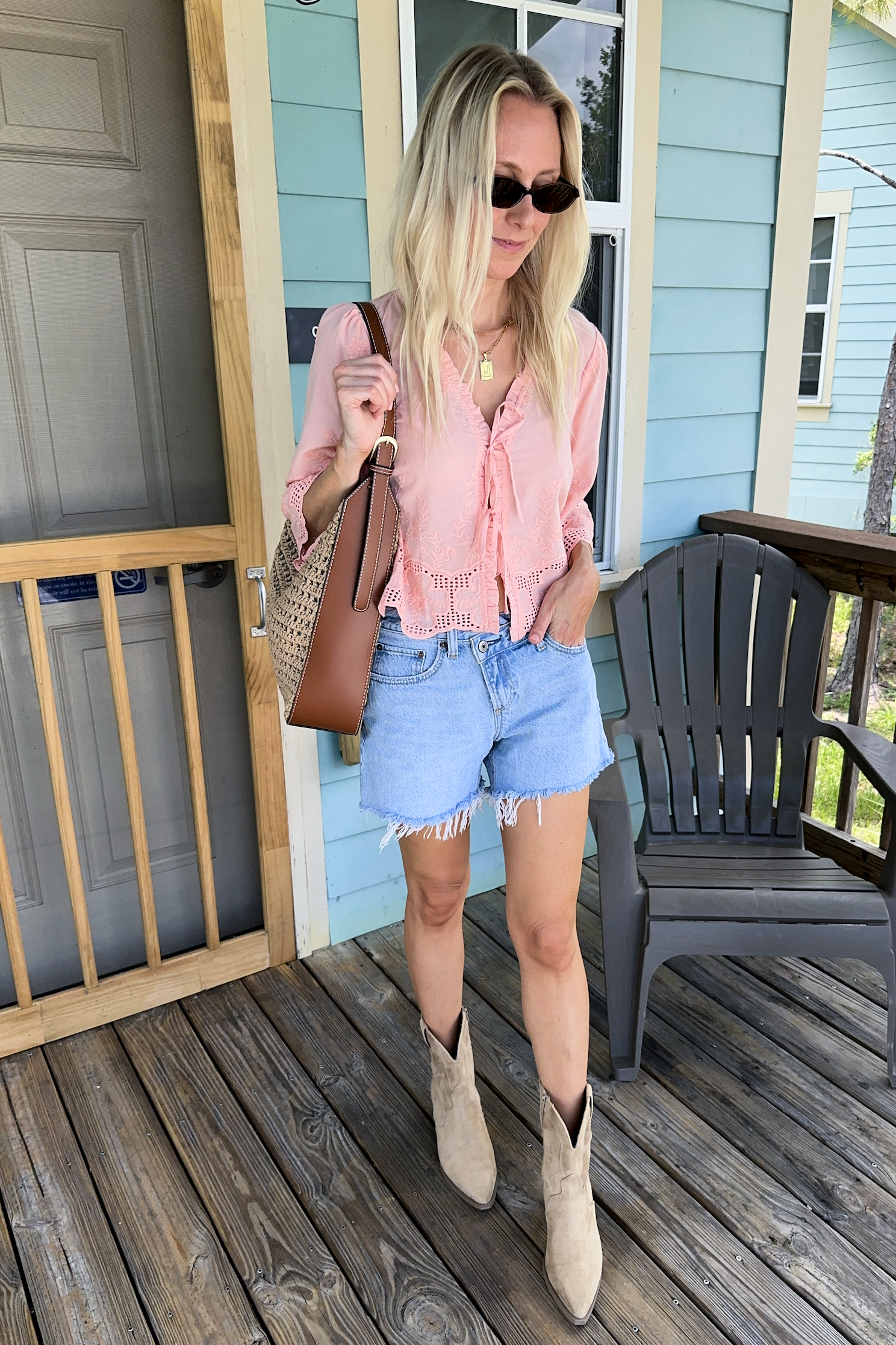 Blush Floral Embroidery Tie Front Top