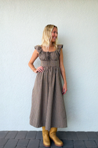 Brown Plaid Gingham Midi Dress Ruffle Sleeves