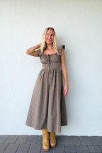 Brown Plaid Gingham Midi Dress Ruffle Sleeves