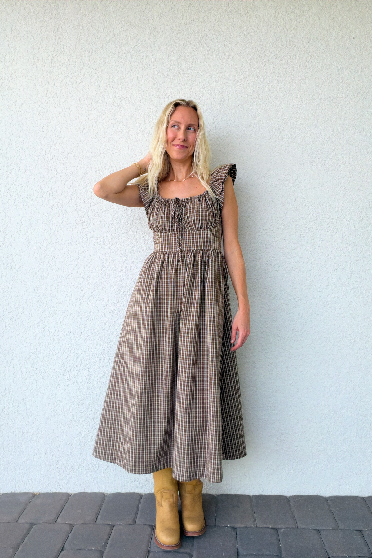 Brown Plaid Gingham Midi Dress Ruffle Sleeves