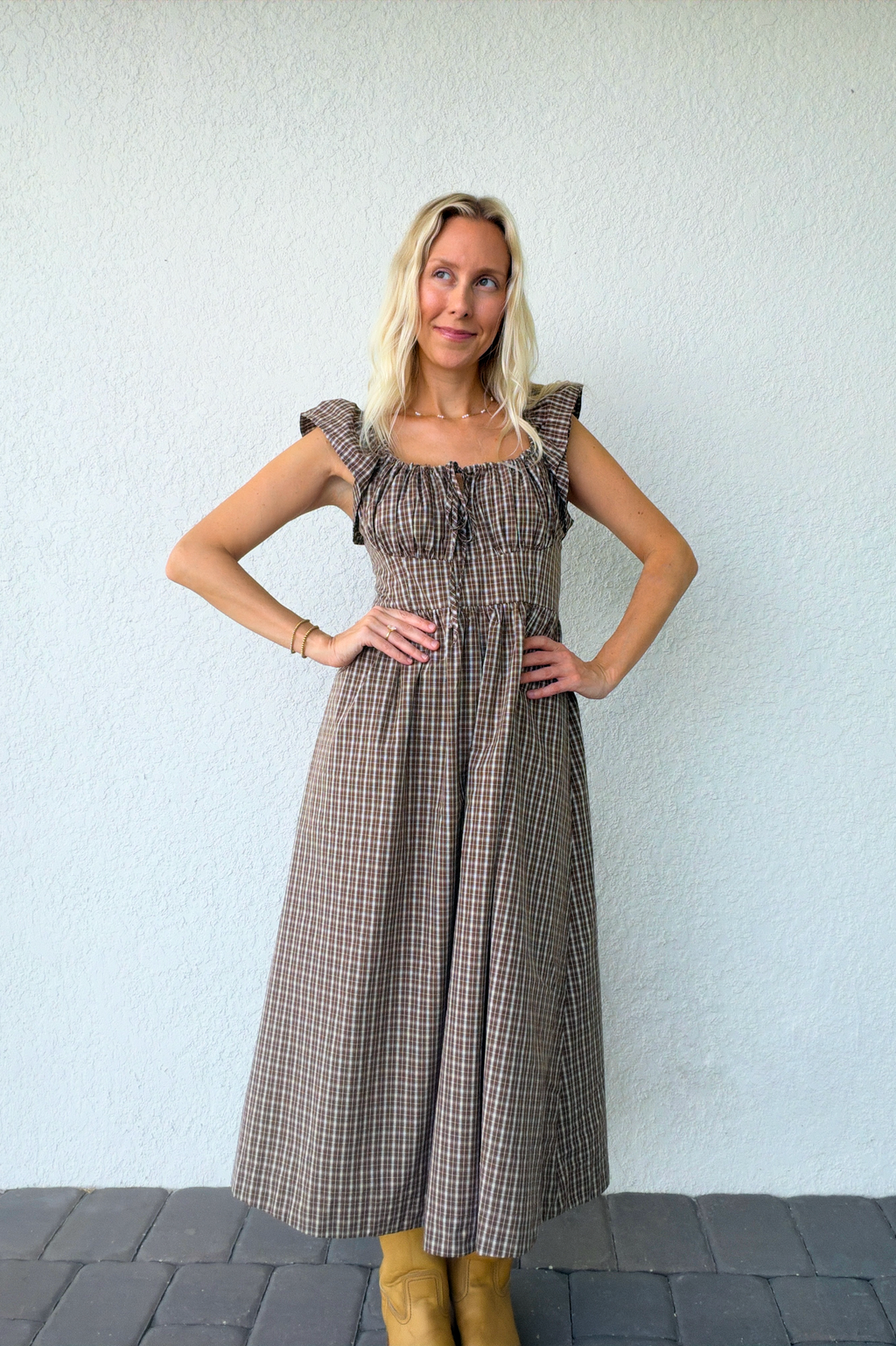 Brown Plaid Gingham Midi Dress Ruffle Sleeves