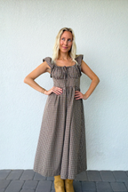 Brown Plaid Gingham Midi Dress Ruffle Sleeves