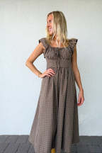 Brown Plaid Gingham Midi Dress Ruffle Sleeves