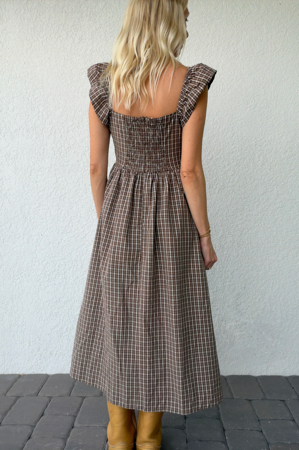 Brown Plaid Gingham Midi Dress Ruffle Sleeves