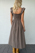Brown Plaid Gingham Midi Dress Ruffle Sleeves