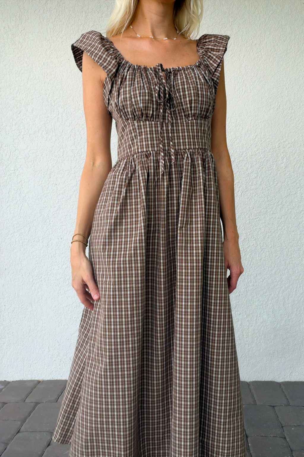 Brown Plaid Gingham Midi Dress Ruffle Sleeves
