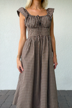 Brown Plaid Gingham Midi Dress Ruffle Sleeves