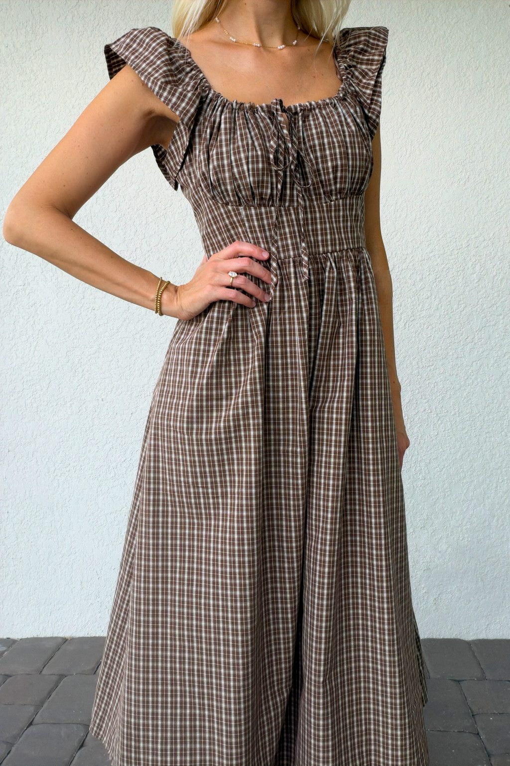 Brown Plaid Gingham Midi Dress Ruffle Sleeves