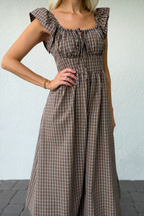 Brown Plaid Gingham Midi Dress Ruffle Sleeves
