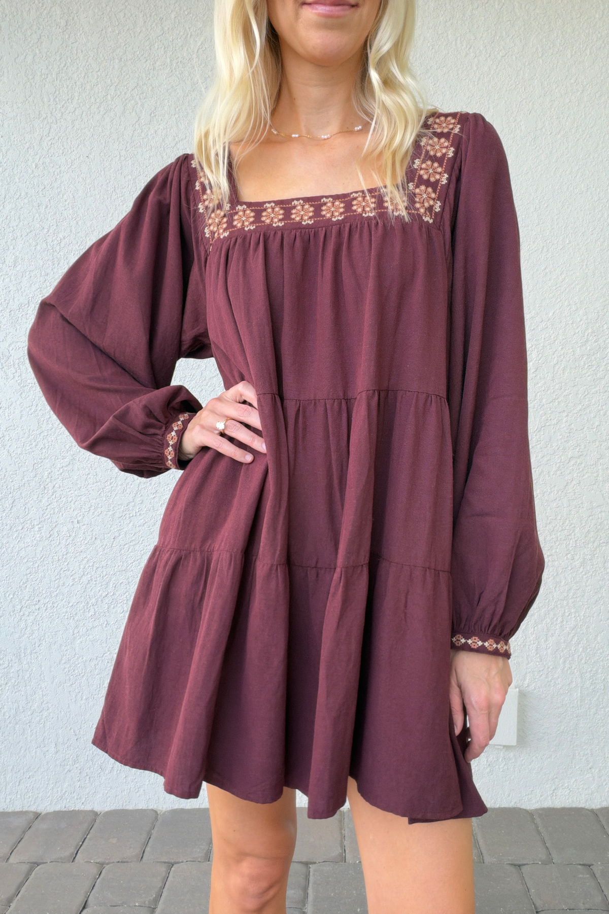 Burgundy Square Neck Tiered Mini Dress Floral Embroidery