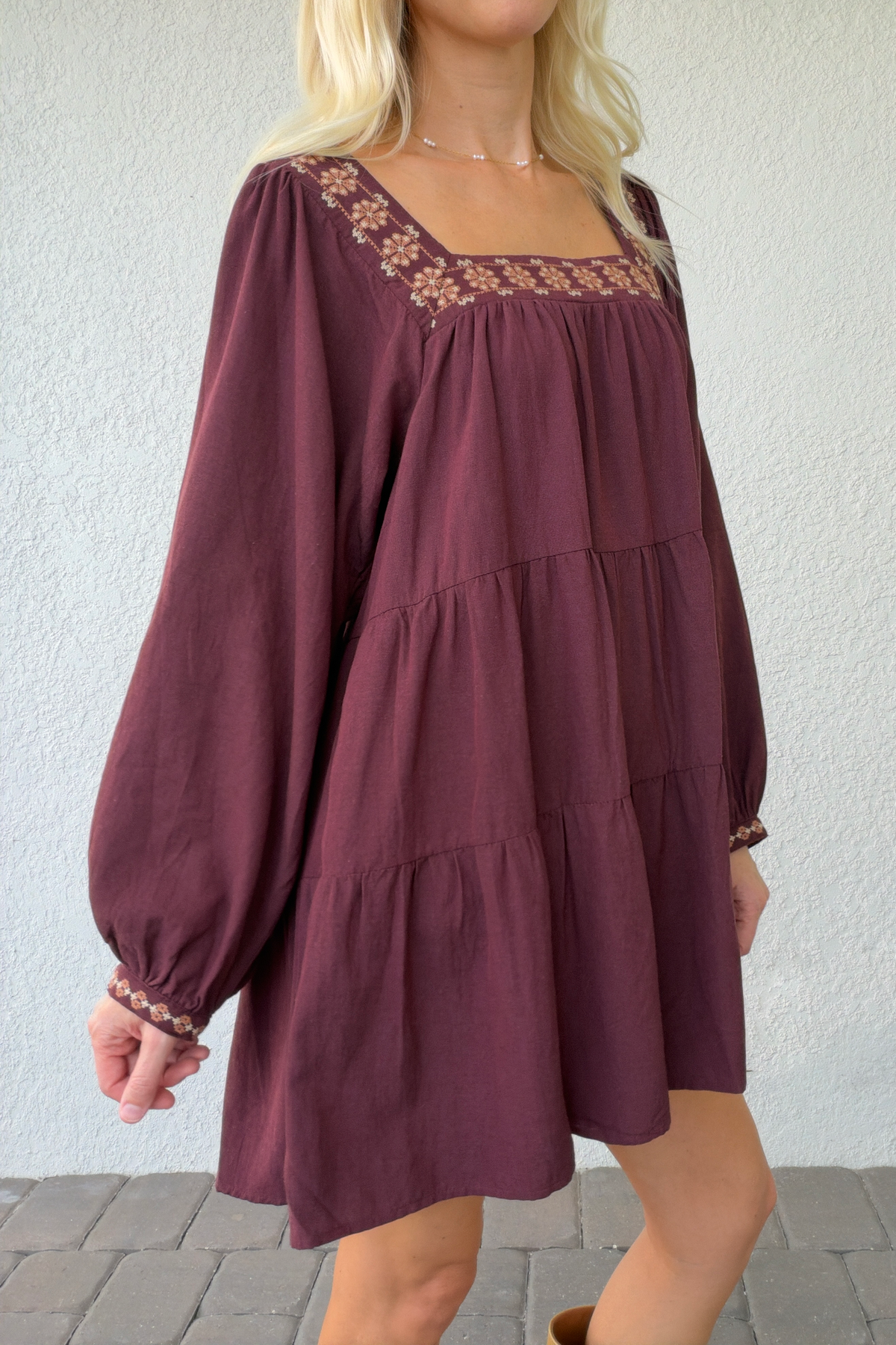 Burgundy Square Neck Tiered Mini Dress Floral Embroidery