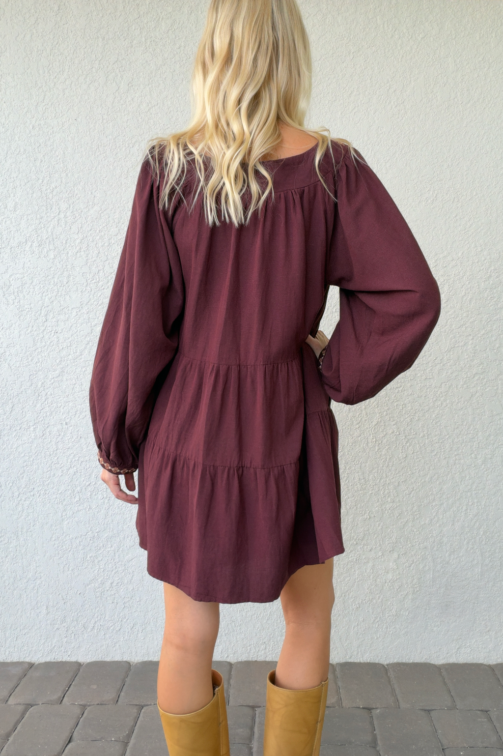 Burgundy Square Neck Tiered Mini Dress Floral Embroidery