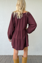 Burgundy Square Neck Tiered Mini Dress Floral Embroidery