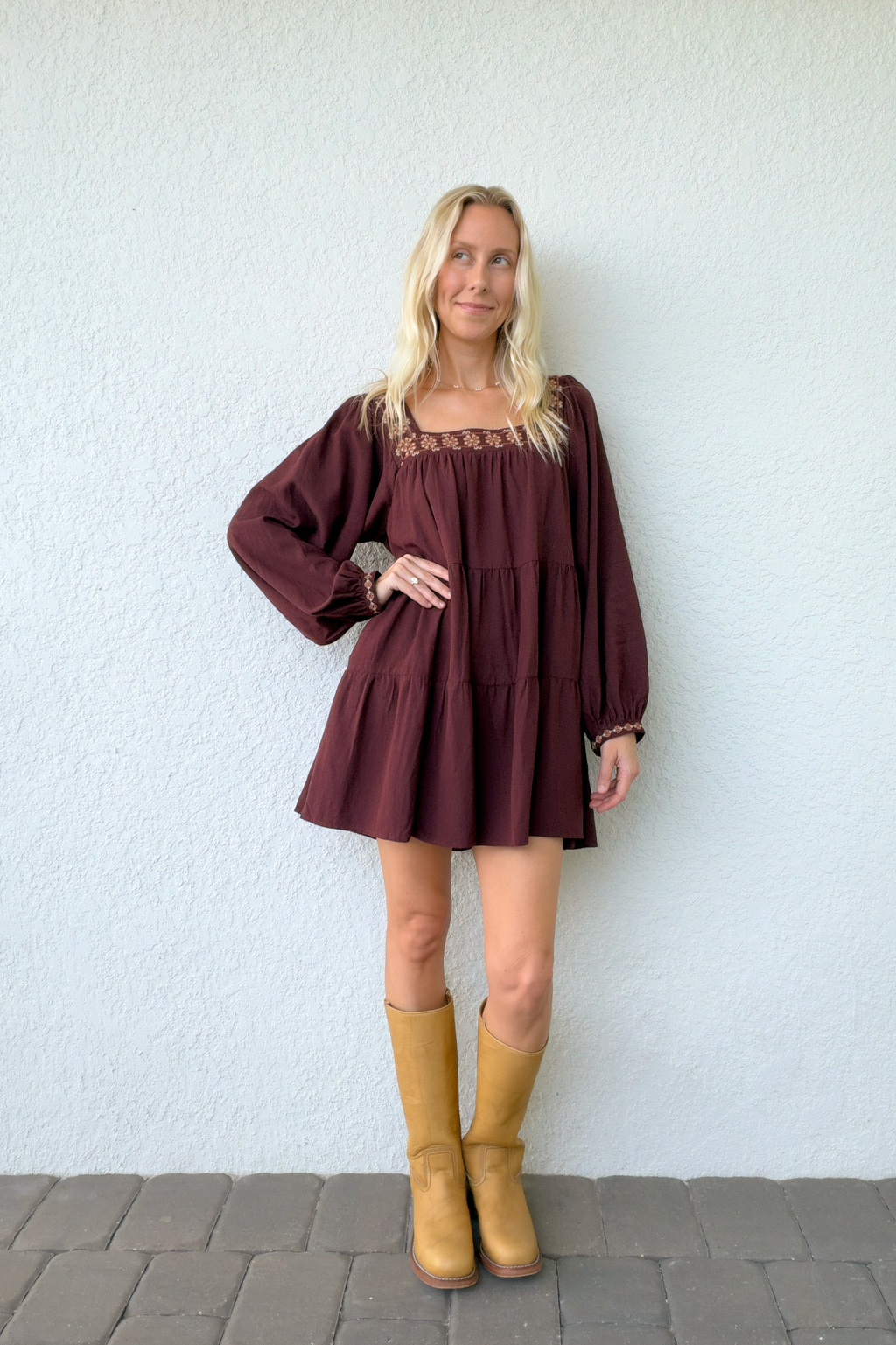 Burgundy Square Neck Tiered Mini Dress Floral Embroidery