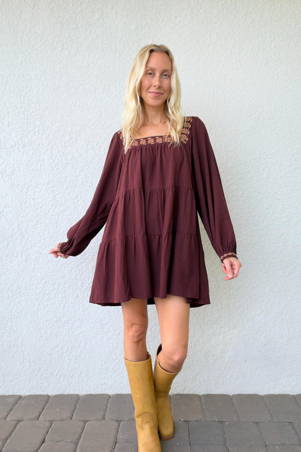 Burgundy Square Neck Tiered Mini Dress Floral Embroidery
