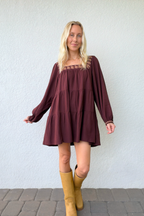 Burgundy Square Neck Tiered Mini Dress Floral Embroidery